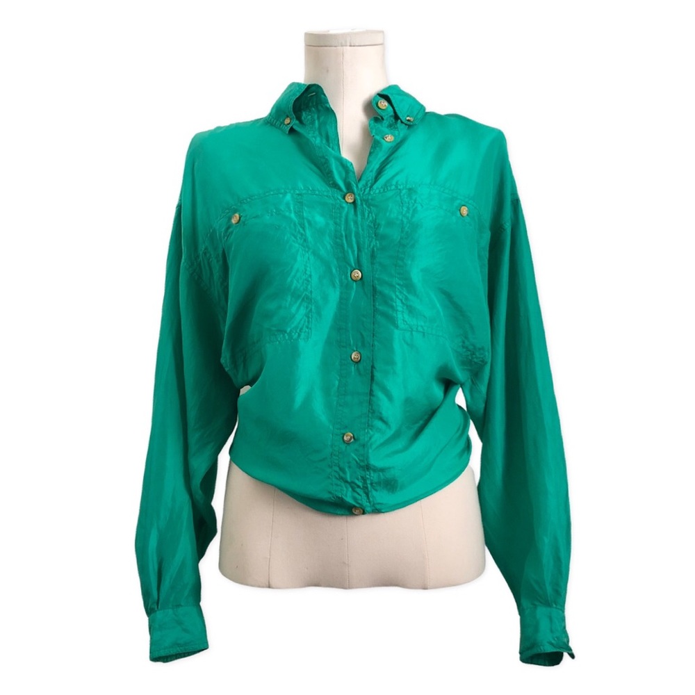 Vintage 100% Silk 1980s Green Button Down Blouse